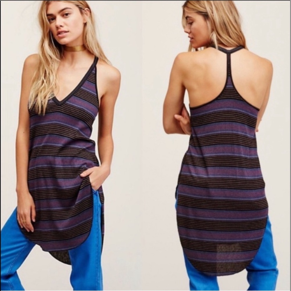 Free People Purple Striped Long V neck Tank Top